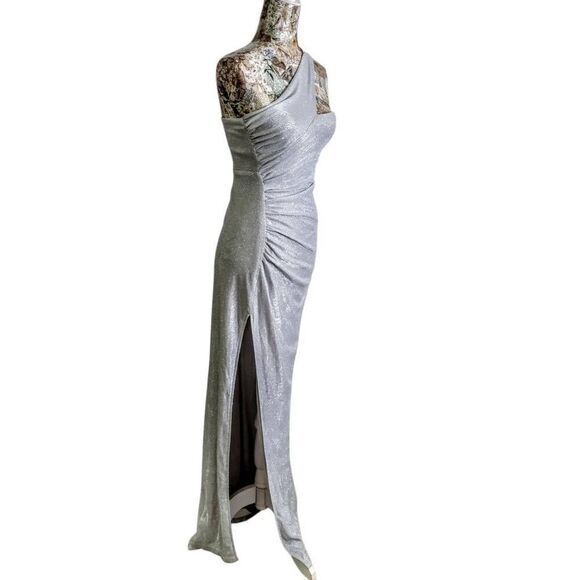 Sparkle Silver Glitter One-Shoulder Shiny Lurex High Slit Gown Long Maxi Dress - Picture 9 of 15